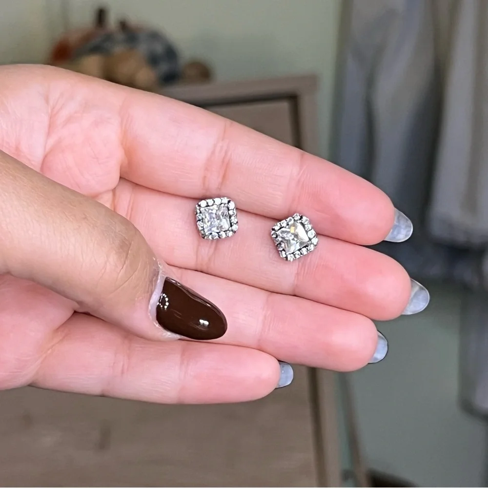 Princess Cut CZ Diamond Square Halo Studs Dainty Small Earrings Jewelry Accessor - Picture 14 of 16